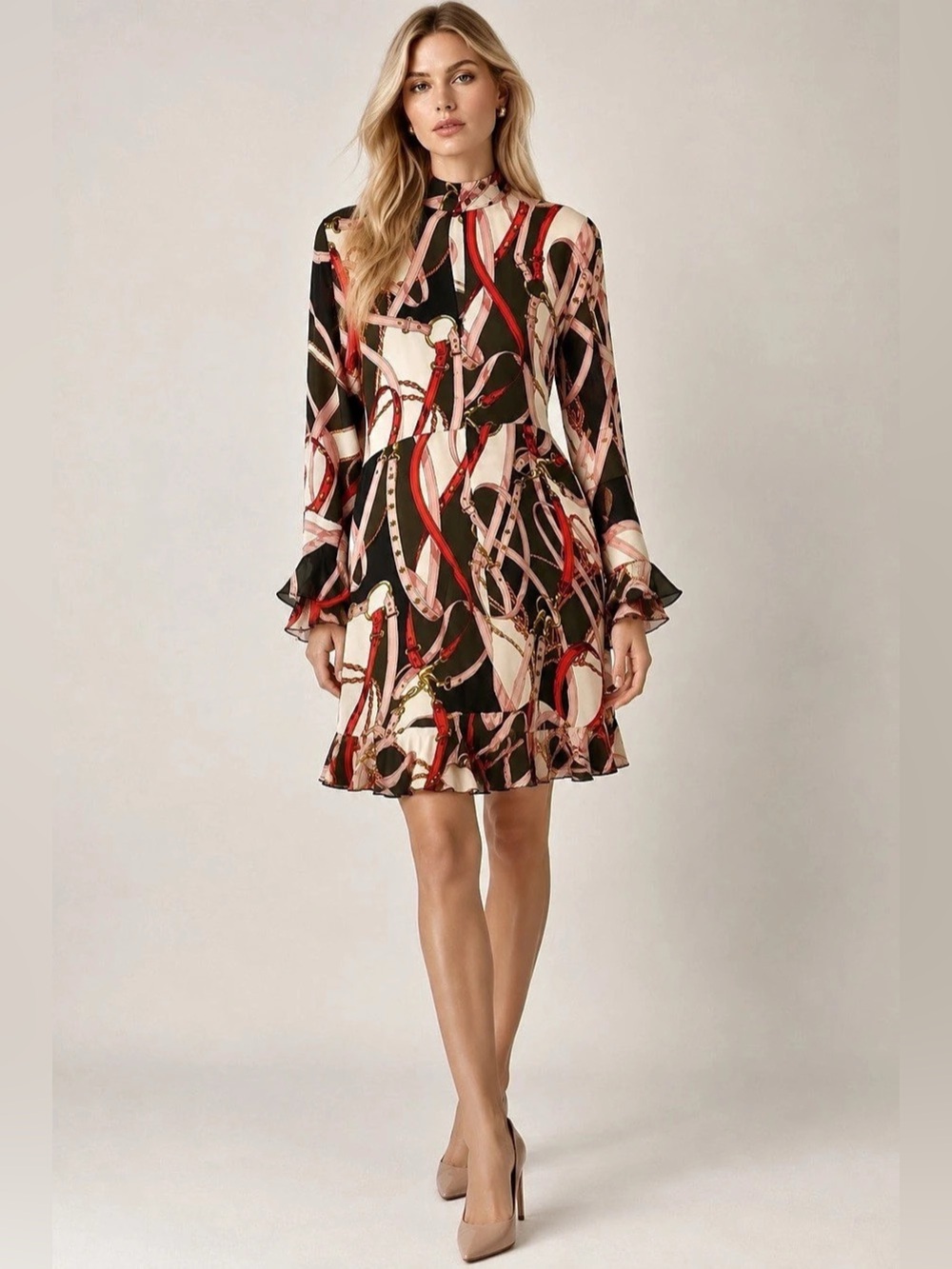 ZARA Woman Equestrian Chain Print Ruffle Midi Dress